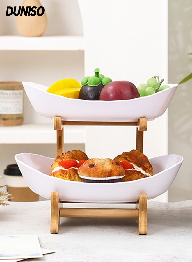 DUNISO سلة فواكه بطبقتين وعاء فواكه للمطبخ أوعية تخزين فواكه أنيقة تدوم طويلاً أطباق تقديم فاخرة لتقديم الوجبات الخفيفة صواني تقديم للحلويات مجموعة أوعية بيضاوية مع حامل طبيعي مجموعة صواني تقديم بطبقات للفواكه والخضروات - Image 1