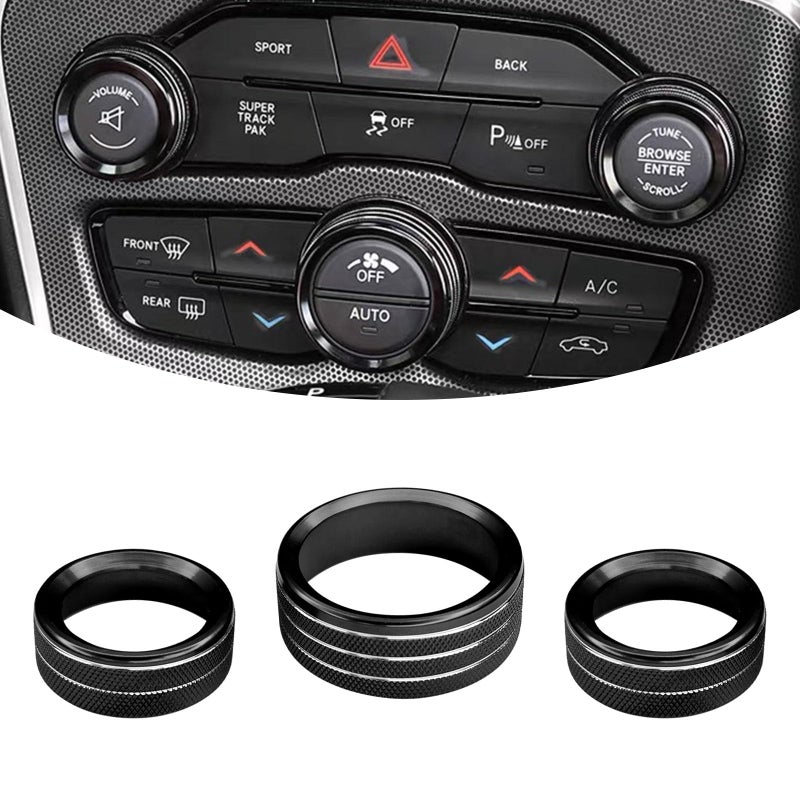 Hirificing 3PCS Air Conditioner Button for Challenger Durango 20152022 Car Interior Decorated Colored Climate Control AC Switch Audio CD Aluminum Trim Alloy Knob Cover RingBlack
