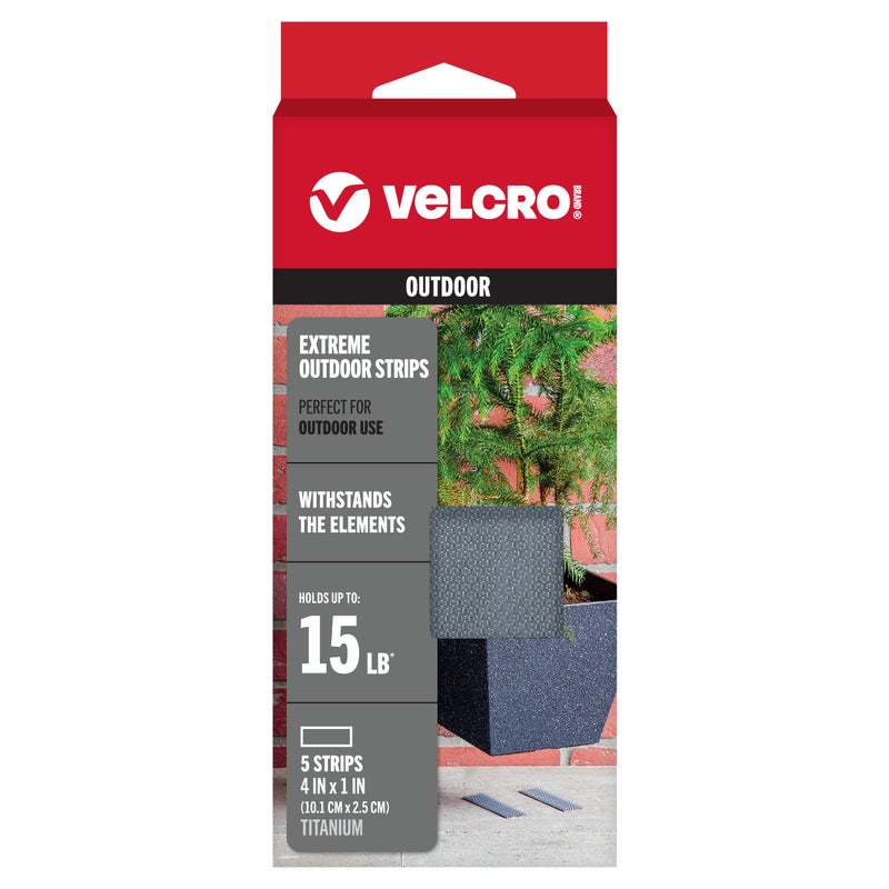 VELCRO Brand Industrial Fasteners Extreme Outdoor Weather Conditions Professional Grade Heavy Duty Strength Holds up to 15 lbs on Rough Surfaces 4in x 1in 5pk Strips Gray