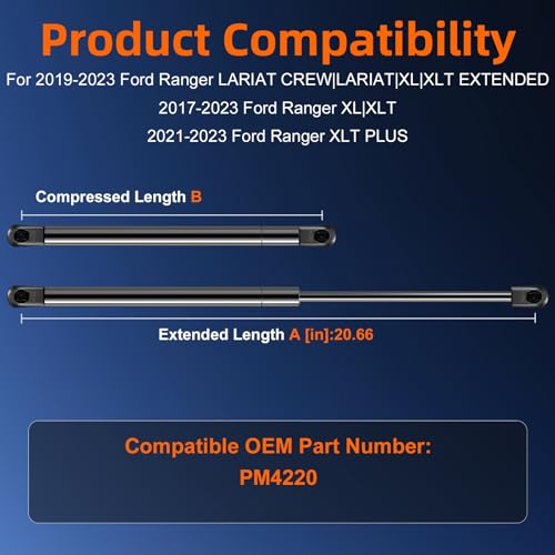 Euplokeer Qty (2) 611592 Front Hood Strut Lift Support Compatible with 2019-2023 Ford Ranger Lariat/XL Crew/XL/XLT, Bonnet Gas Shock Strut Spring Replace OE# PM4220 - Image 2