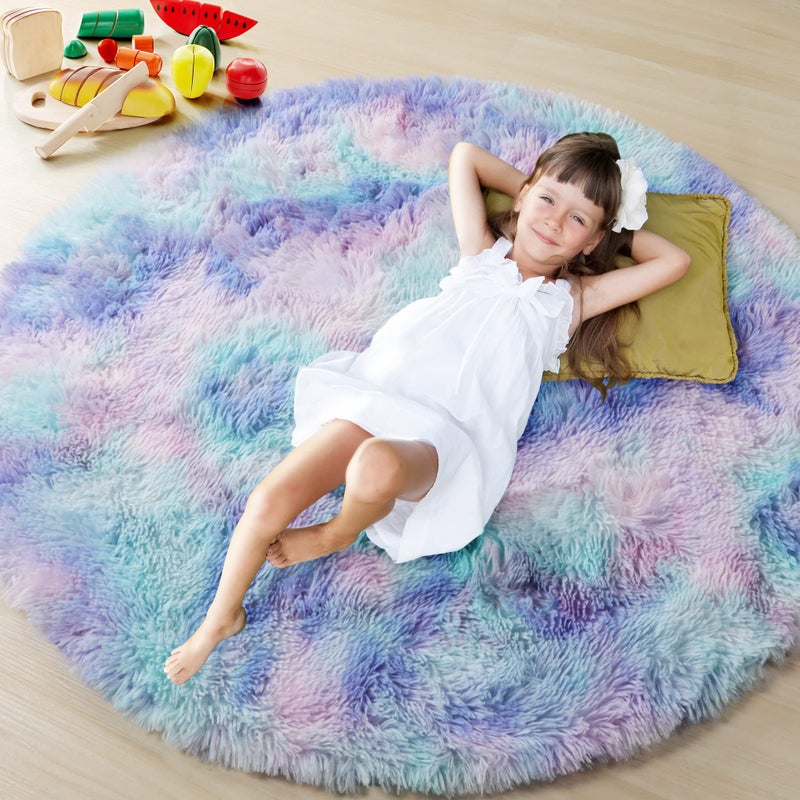 ONASAR Rainbow Round Area Rug 4ft Soft Bedroom Circle Throw Rugs for Kids Girls Boys Teen Dorm Room Fluffy Plush Shaggy Carpet Mats for Nursery Living Room Playroom Home Decor Princess Castle