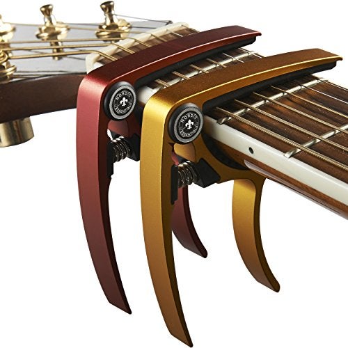 Nordic Essentials Guitar Capo (2 Pack) for Acoustic Guitars, Ukulele, Banjo, Mandolin, Bass - Made of Ultra Lightweight Aluminum Metal (1.2 oz!) for 6 & 12 String Instruments - Nordic Essentials (Red + Gold) - Image 1