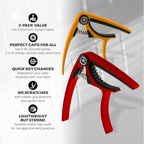 Nordic Essentials Guitar Capo (2 Pack) for Acoustic Guitars, Ukulele, Banjo, Mandolin, Bass - Made of Ultra Lightweight Aluminum Metal (1.2 oz!) for 6 & 12 String Instruments - Nordic Essentials (Red + Gold) - Image 2