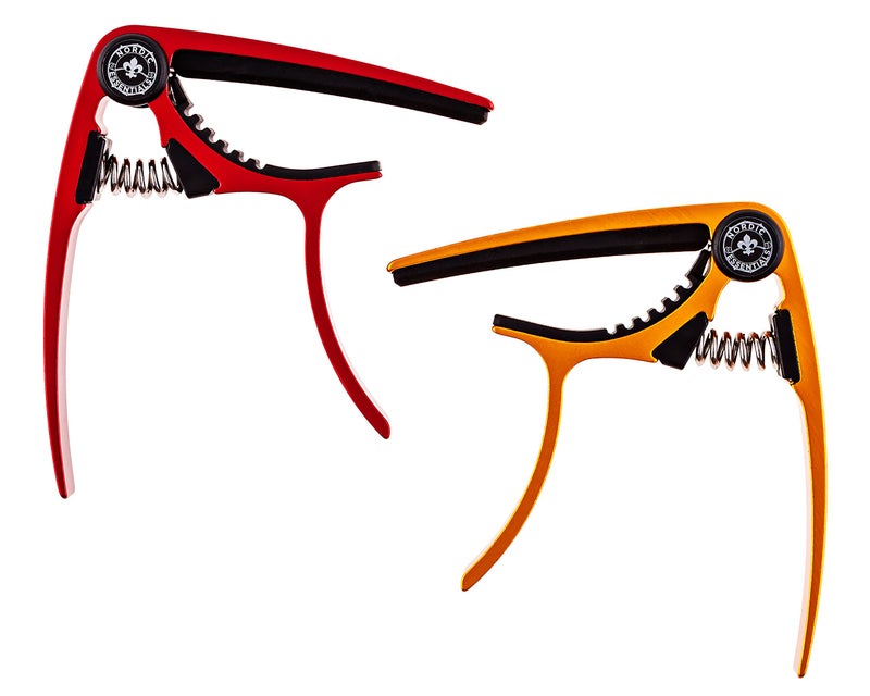 Nordic Essentials Guitar Capo (2 Pack) for Acoustic Guitars, Ukulele, Banjo, Mandolin, Bass - Made of Ultra Lightweight Aluminum Metal (1.2 oz!) for 6 & 12 String Instruments - Nordic Essentials (Red + Gold) - Image 4