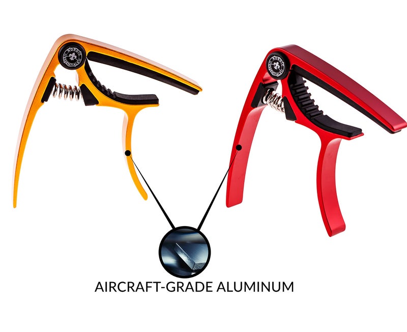 Nordic Essentials Guitar Capo (2 Pack) for Acoustic Guitars, Ukulele, Banjo, Mandolin, Bass - Made of Ultra Lightweight Aluminum Metal (1.2 oz!) for 6 & 12 String Instruments - Nordic Essentials (Red + Gold) - Image 3