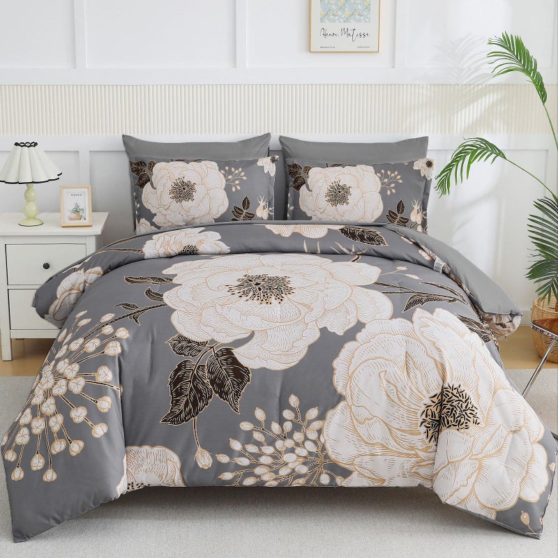 Luxudecor Floral Queen Comforter Set 7 Pieces Bed in a Bag, White Flower Print on Grey Bedding Set, Soft Reversible Comforter with Sheet Set 90"x90" - Image 1