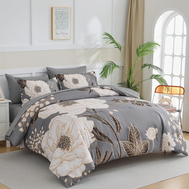 Luxudecor Floral Queen Comforter Set 7 Pieces Bed in a Bag, White Flower Print on Grey Bedding Set, Soft Reversible Comforter with Sheet Set 90"x90" - Image 2