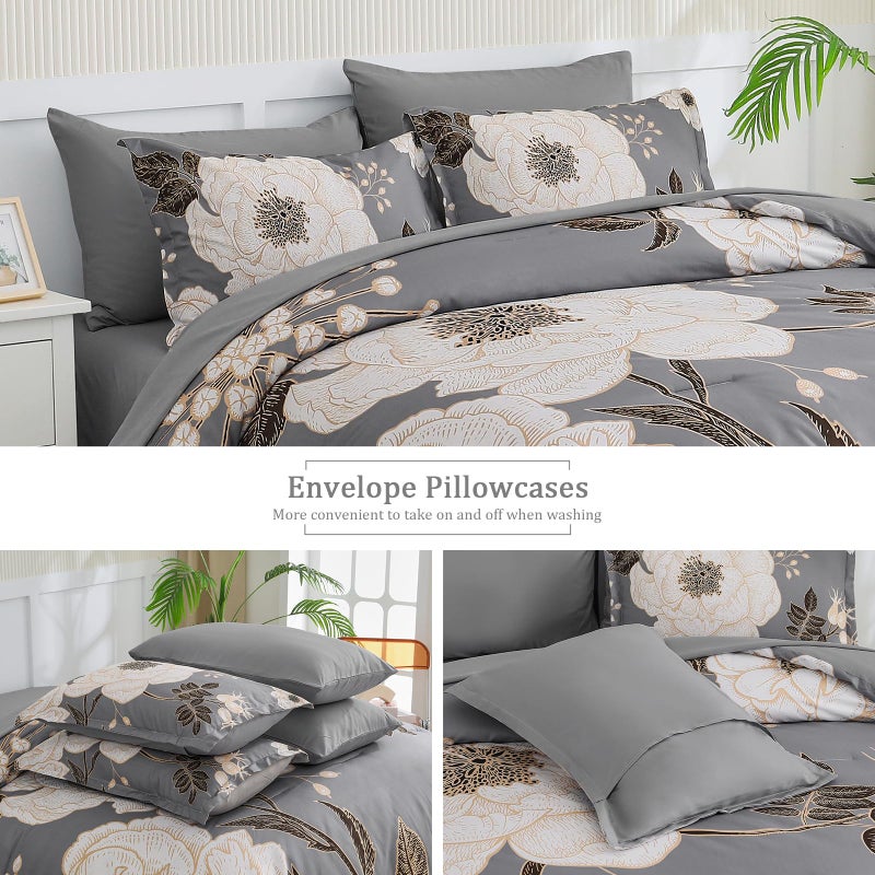 Luxudecor Floral Queen Comforter Set 7 Pieces Bed in a Bag, White Flower Print on Grey Bedding Set, Soft Reversible Comforter with Sheet Set 90"x90" - Image 5