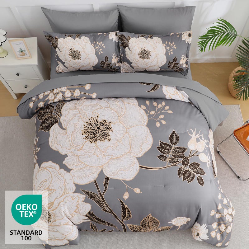 Luxudecor Floral Queen Comforter Set 7 Pieces Bed in a Bag, White Flower Print on Grey Bedding Set, Soft Reversible Comforter with Sheet Set 90"x90" - Image 3