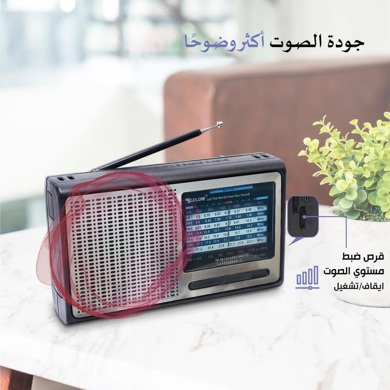 راديو اف ام/ايه ام/اس دبليو محمول مزود بـ 9 نطاقات عالي الحساسية مع مكبر صوت وبطارية قابلة لإعادة الشحن وقضيب هوائي راديو ار او دي ومؤشر الطاقة/الراديو، RX-3060 (فضي) - Image 4