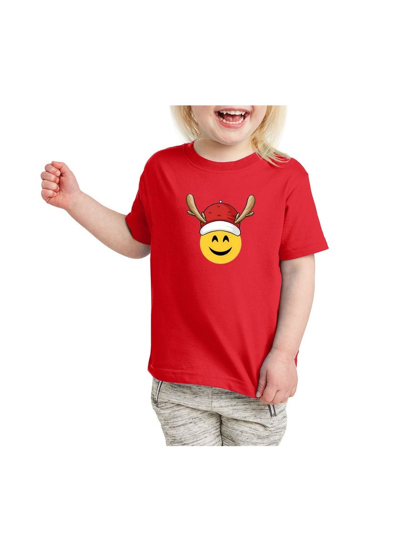PRINTSHOP4ME - Christmas Emoji Kids Red T-Shirt For Girls–Soft Cotton Round Neck Short Sleeve T-Shirt With Smiley Face Emoji–Great For Parties - Image 1