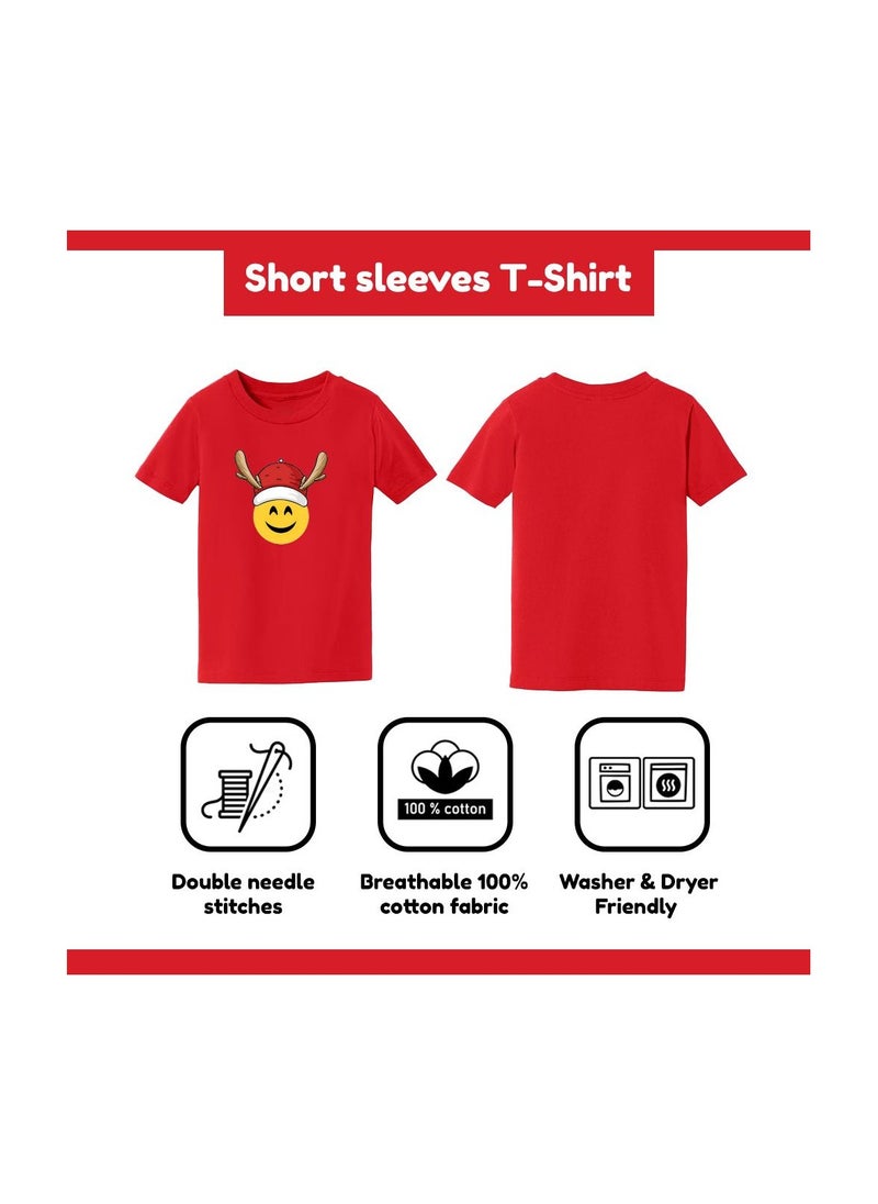 PRINTSHOP4ME - Christmas Emoji Kids Red T-Shirt For Girls–Soft Cotton Round Neck Short Sleeve T-Shirt With Smiley Face Emoji–Great For Parties - Image 1