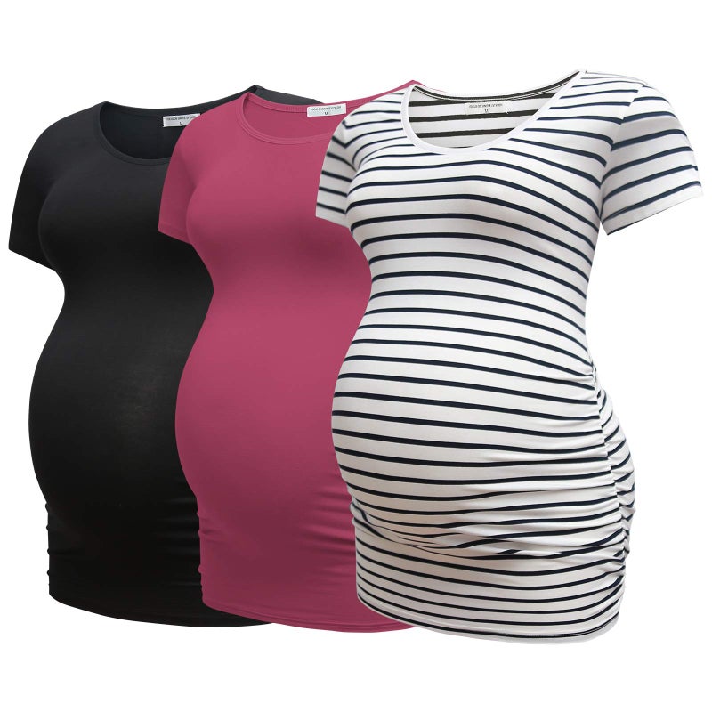 Bearsland Womens Maternity Tshirt 3 Packs Classic Side Ruched Tee Top Mama Pregnancy Clothes,Black+russetred+witstripe,XL