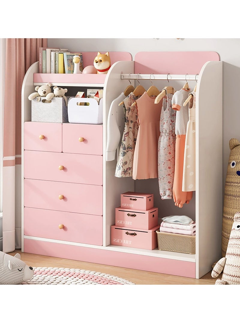 YY-Recheer Kids Wardrobe Wooden Storage Cabinet with Drawers, 125cm Height Kids Bedroom Furniture Closet for Dress up - Image 1