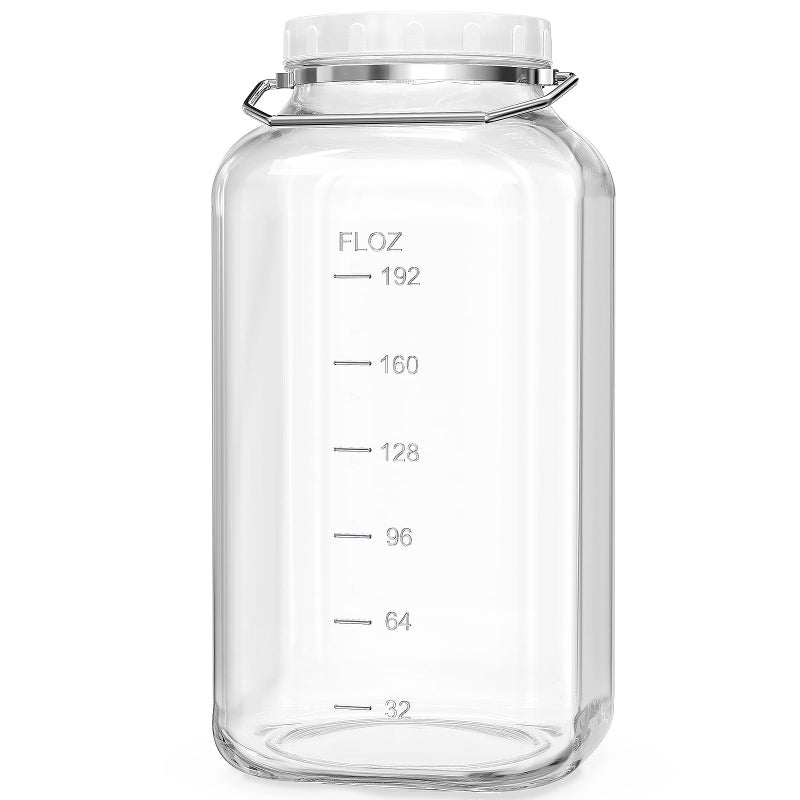 Folinstall 2 Gallon Large Glass Jar with Lid, Wide Mouth Storage Jars with Stainless Handle, Extra Big Glass Container with 2 Scale Mark for Storing Food, Kitchen Organization, 7400 ML/250 OZ - Image 1
