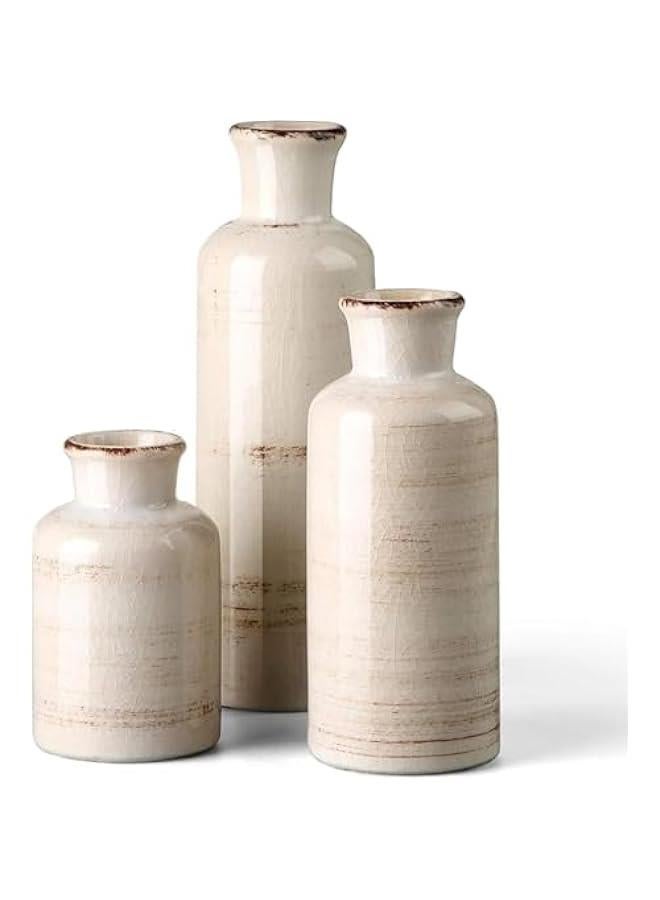HOOKOR Ceramic Vase Set of 3, Retro Rice White Ceramic Vase, Bohemian Style, Modern Farmhouse Home Living Room Decoration, Suitable for Dining Tables, Bedrooms, Office, Living Room - Image 1