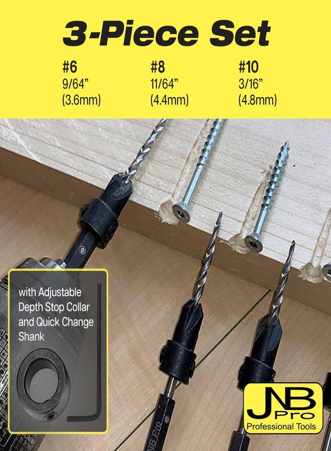 JNB PRO Multi-Size Countersink Drill Bit 5-Piece Set with Adjustable Depth Stop Collar and Quick Change Shank - High Speed Steel M2 and Carbon Steel #45, Construction for Woodworking and Carpentry - Image 4