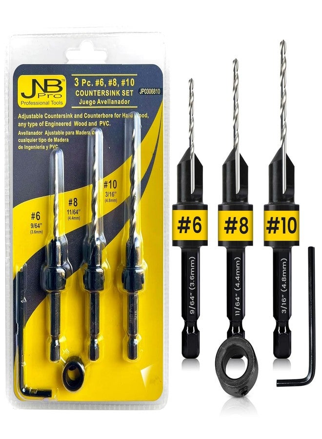 JNB PRO Multi-Size Countersink Drill Bit 5-Piece Set with Adjustable Depth Stop Collar and Quick Change Shank - High Speed Steel M2 and Carbon Steel #45, Construction for Woodworking and Carpentry - Image 1