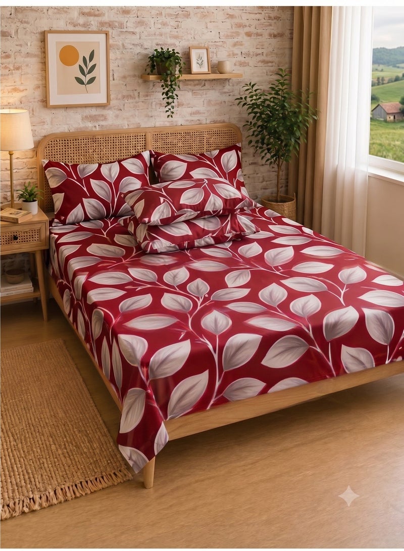ZEESQUARE 3 Piece Red Flat Bedsheet Set – Premium 100% Cotton Honeycomb Leaf Design Bed Sheet with 1 Flat Sheet & 2 Pillow Covers, Soft Breathable 125 GSM Bedding Set for King, Queen & Single Size Beds - Image 1