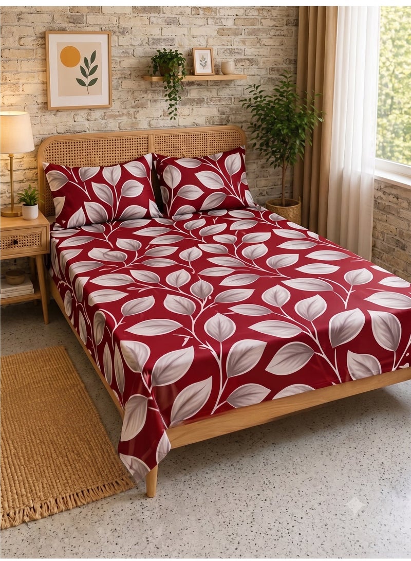 ZEESQUARE 3 Piece Red Flat Bedsheet Set – Premium 100% Cotton Honeycomb Leaf Design Bed Sheet with 1 Flat Sheet & 2 Pillow Covers, Soft Breathable 125 GSM Bedding Set for King, Queen & Single Size Beds - Image 3