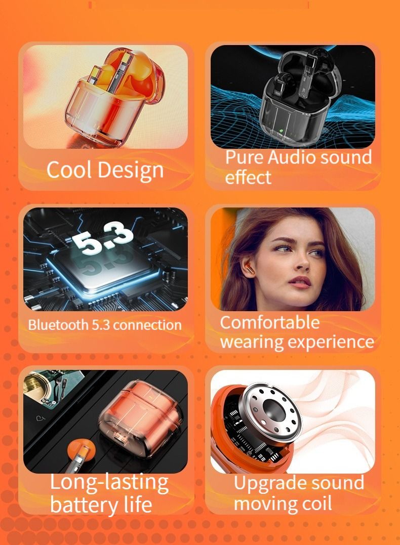 M MIAOYAN M MIAOYAN (YX06) Fashion Transparent Bluetooth Headphones Earplugs Sports Headphones Gaming Cool Trendy Bluetooth Headphones Noise Canceling Headphones (Orange)  - Image 5