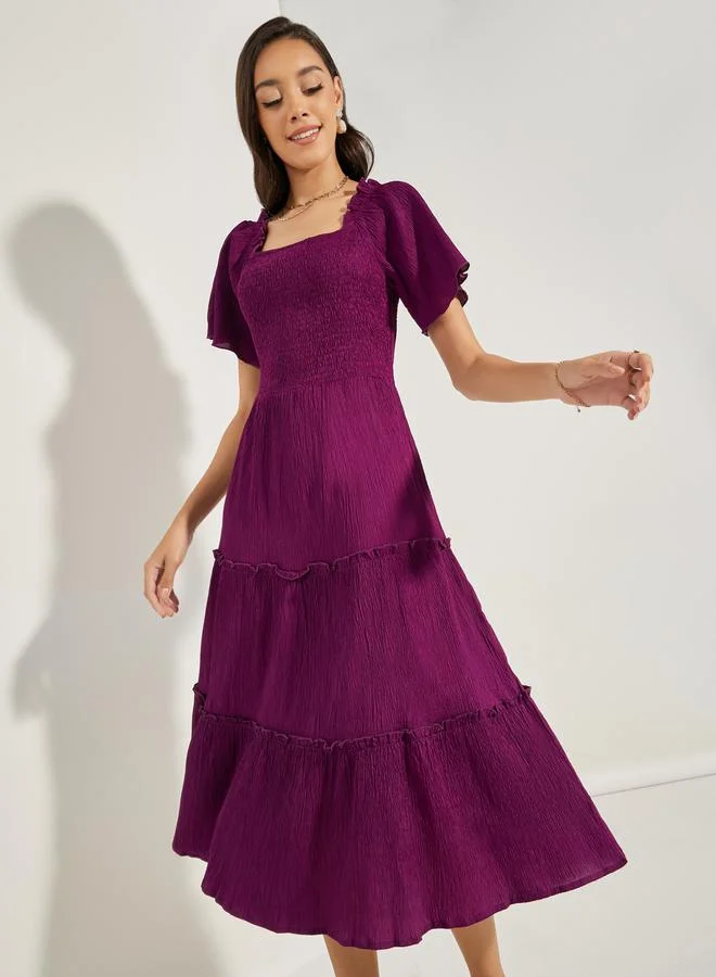 Styli Shirred Square Neck Tiered Midi Dress