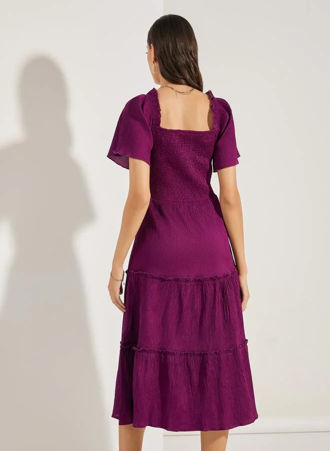 Styli Styli Shirred Square Neck Tiered Midi Dress