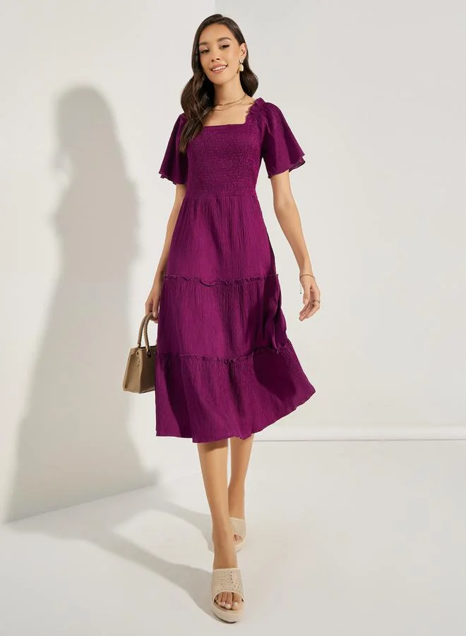Styli Shirred Square Neck Tiered Midi Dress