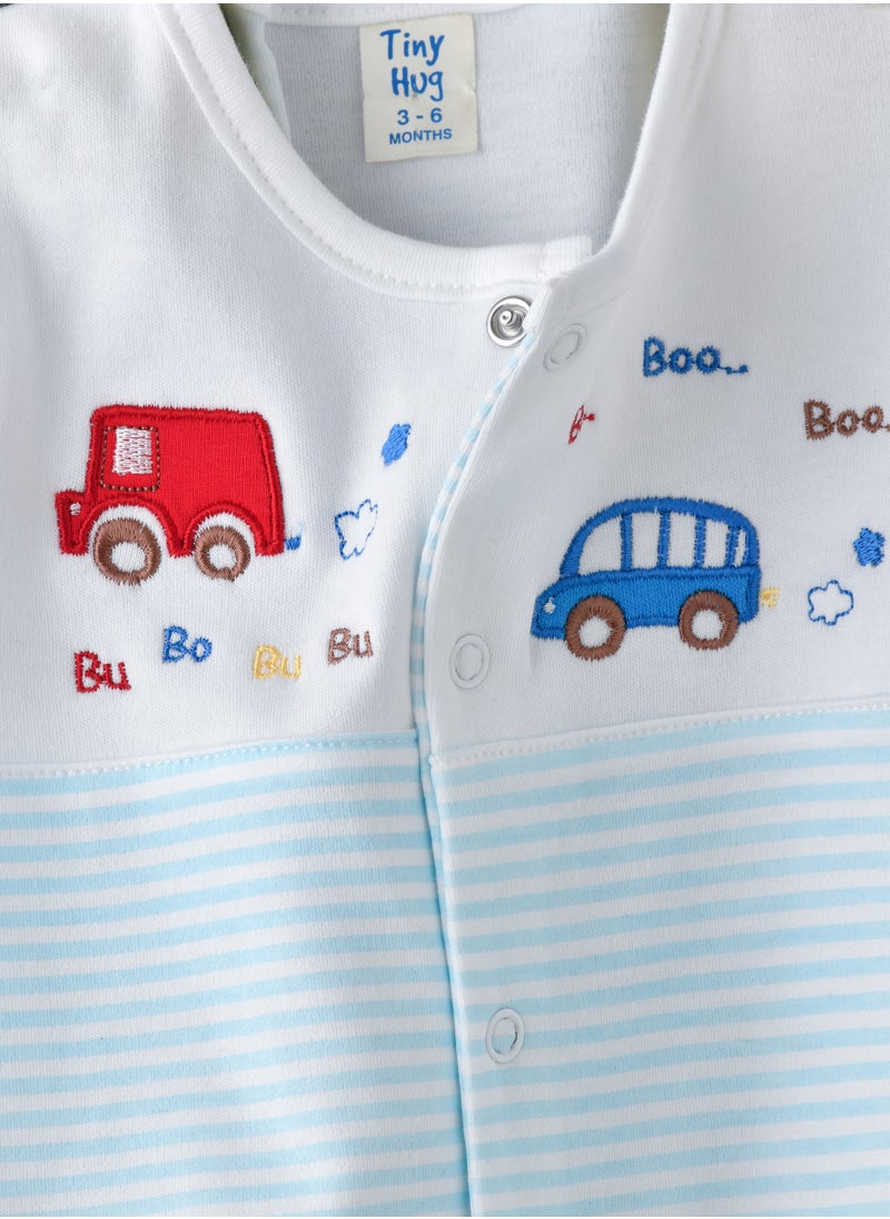 Tiny Hug Baby Boys' Striped Car Print Footed Sleepsuit  - Image 3