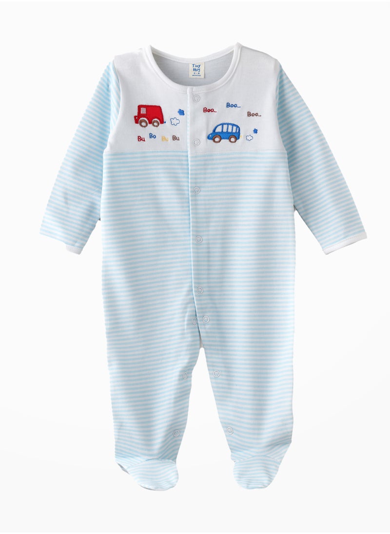 Tiny Hug Baby Boys' Striped Car Print Footed Sleepsuit  - Image 1