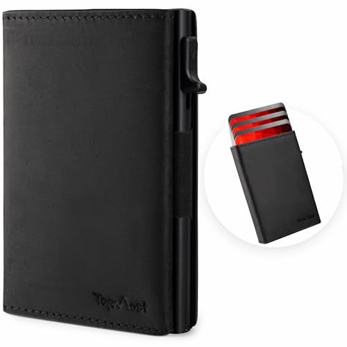 TopMost Genuine Leather Pop Up Wallet for Men, Credit Card Holder, RFID Blocking Ridge Wallets for Men with ID Window, Slim, Minimalist, 5-9 Card Capacity & Cash Slot (Black) - Image 1