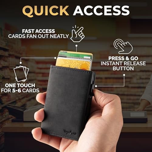 TopMost Genuine Leather Pop Up Wallet for Men, Credit Card Holder, RFID Blocking Ridge Wallets for Men with ID Window, Slim, Minimalist, 5-9 Card Capacity & Cash Slot (Black) - Image 2