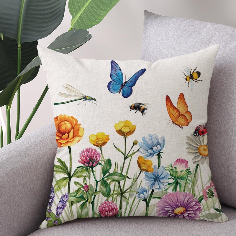 Coeufuedy Spring Floral Throw Pillow Covers 18 x 18 Set of 2 Flowers Bees and Butterflies Spring Decorative Cushion Case for Sofa Couch Garden Patio - Image 2