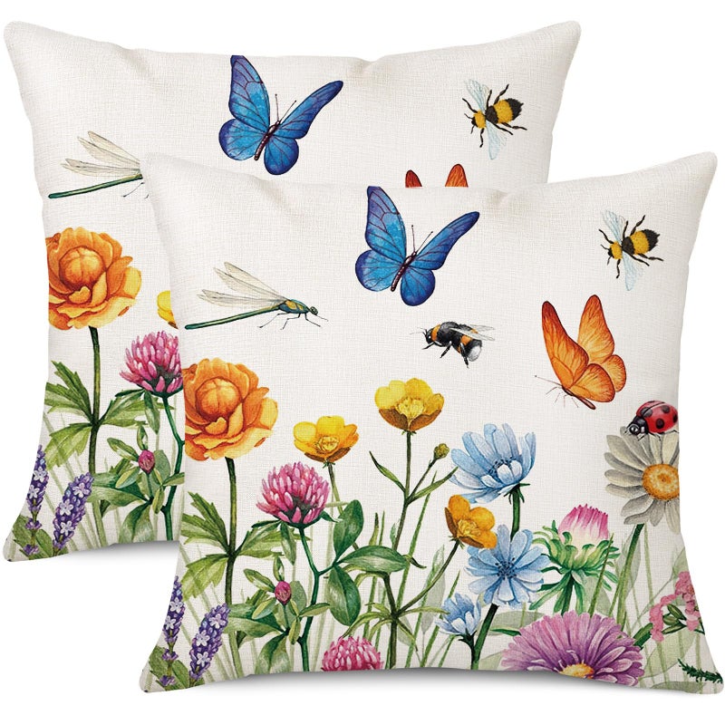 Coeufuedy Spring Floral Throw Pillow Covers 18 x 18 Set of 2 Flowers Bees and Butterflies Spring Decorative Cushion Case for Sofa Couch Garden Patio - Image 1