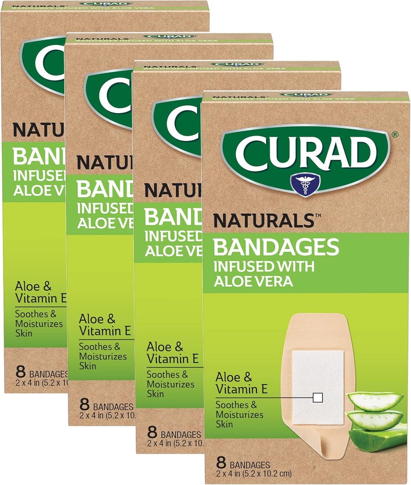 CURAD Naturals Aloe Vera Vitamin E Bandages 2 x 4 Individually Wrapped Sterile Bandage First Aid Kit Essential Protects Scrapes and Cuts Absorbent and SelfAdhesive 8Count4 Boxes - Image 1