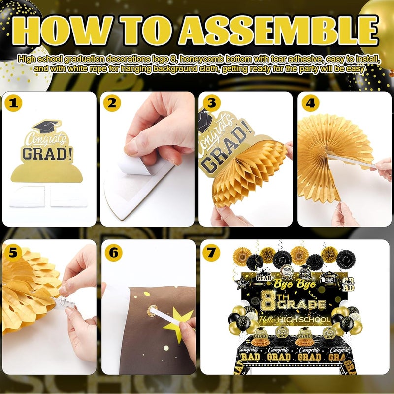 Rtteri 70 Pcs 8th Grade Graduation Decorations Set Congrats Grad Banner Bye Bye 8th Grade Hello High School Backdrop Balloons Streamers Kit Complete Party Supplies for High SchoolBlack and Gold - Image 2