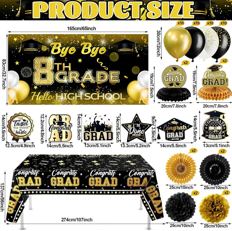 Rtteri 70 Pcs 8th Grade Graduation Decorations Set Congrats Grad Banner Bye Bye 8th Grade Hello High School Backdrop Balloons Streamers Kit Complete Party Supplies for High SchoolBlack and Gold - Image 3