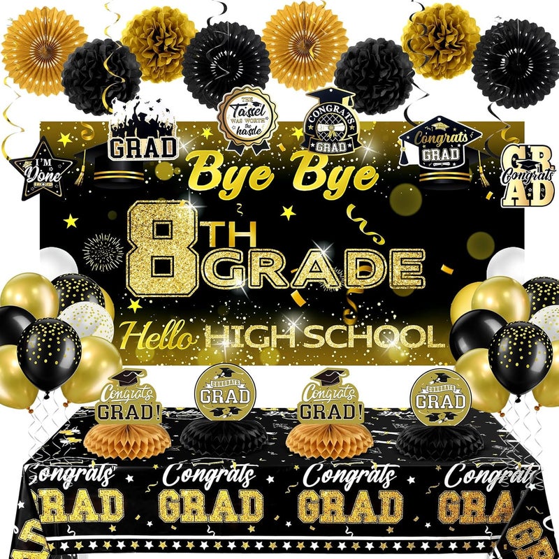 Rtteri 70 Pcs 8th Grade Graduation Decorations Set Congrats Grad Banner Bye Bye 8th Grade Hello High School Backdrop Balloons Streamers Kit Complete Party Supplies for High SchoolBlack and Gold - Image 1