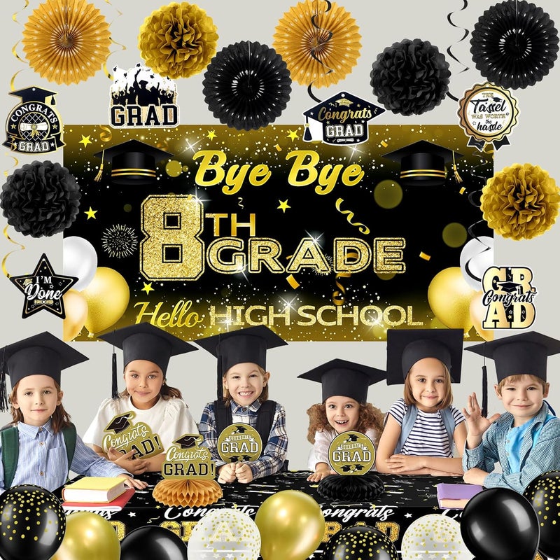 Rtteri 70 Pcs 8th Grade Graduation Decorations Set Congrats Grad Banner Bye Bye 8th Grade Hello High School Backdrop Balloons Streamers Kit Complete Party Supplies for High SchoolBlack and Gold - Image 5