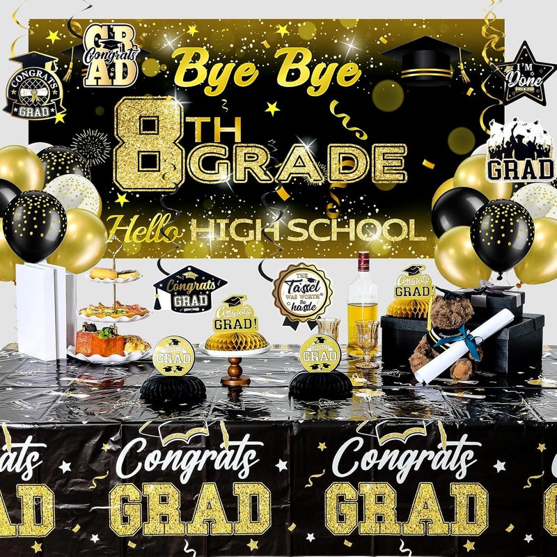 Rtteri 70 Pcs 8th Grade Graduation Decorations Set Congrats Grad Banner Bye Bye 8th Grade Hello High School Backdrop Balloons Streamers Kit Complete Party Supplies for High SchoolBlack and Gold - Image 4
