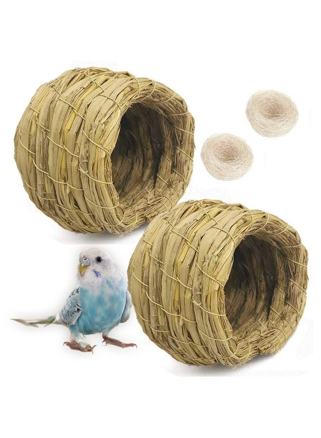 Kathson kathson 4PCS Straw Bird Nest Natural Fiber Birdcage Birdhouse Parrot Hideaway Shelter Hut Parakeet Perch Hanging Bell Toys for Small Finch Canary Lovebird Resting Breeding Playing - Image 1