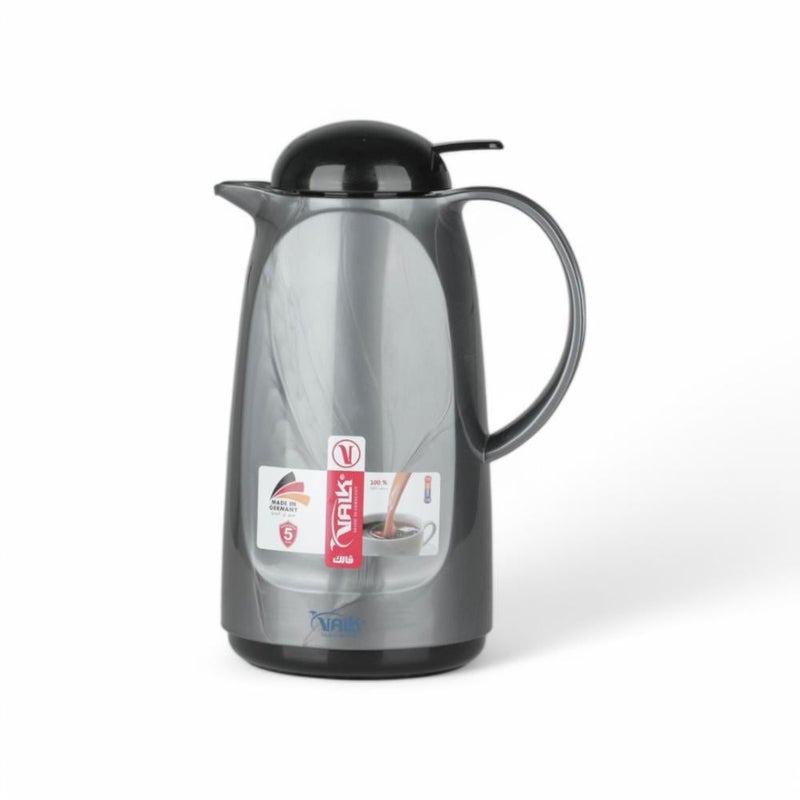VALK German Thermos 1 Liter Gray Black Color - Decorative Push-Button Stainless Steel Coffee & Tea Pot, Premium Serveware for Wedding & Home Decor - Image 1