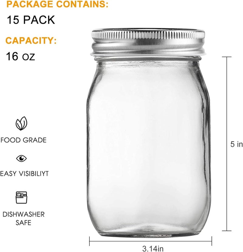 Accguan 16Pack 16oz Glass Mason Jars with Regular Airtight Lids, Clear Glass Jars Ideal for Canning, Pickling, Meal Prep, Jam, Honey, DIY Shower/Wedding Favors, Labels & Pen Included,Pint Canning Jars - Image 2