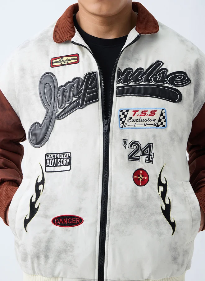 The Souled Store The Souled Store Men Oversized Fit Printed White Racer Jacket