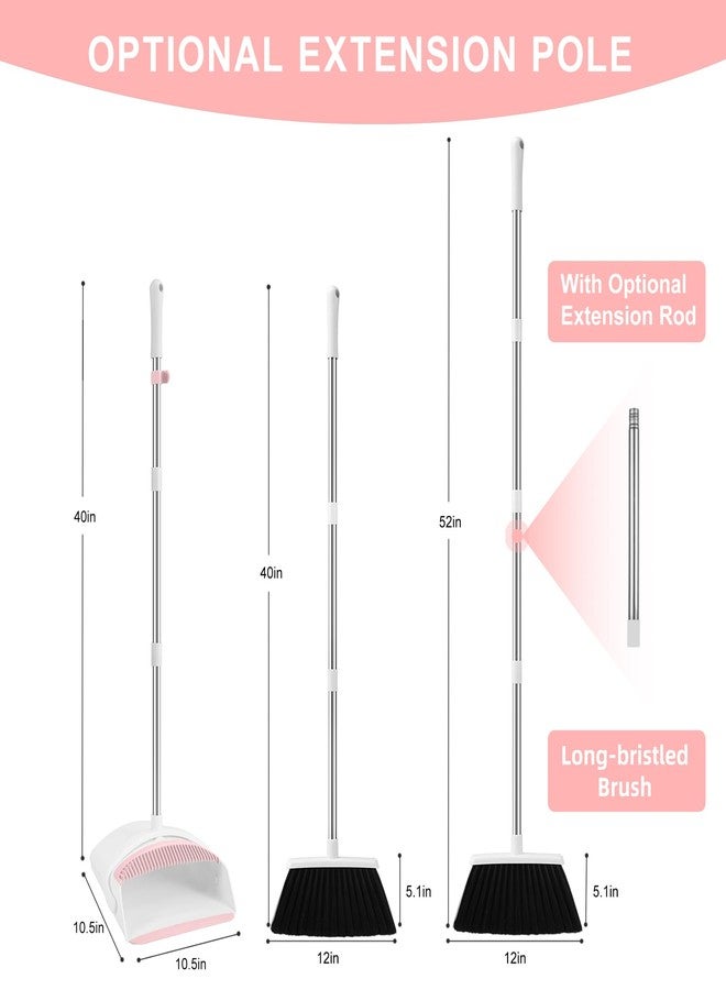 BSKLIN Broom with Dustpan Combo Set for Home, 52-in Long Adjustable Handle Angle Broom and Dustpan Set with Dustpan Comb Teeth for Sweeping Pet Hair Food Dirt Kitchen (White-Pink - Image 2