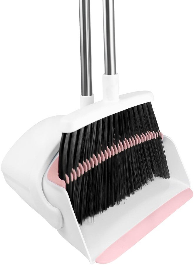 BSKLIN Broom with Dustpan Combo Set for Home, 52-in Long Adjustable Handle Angle Broom and Dustpan Set with Dustpan Comb Teeth for Sweeping Pet Hair Food Dirt Kitchen (White-Pink - Image 1