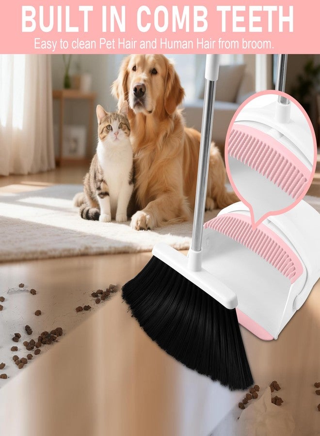 BSKLIN Broom with Dustpan Combo Set for Home, 52-in Long Adjustable Handle Angle Broom and Dustpan Set with Dustpan Comb Teeth for Sweeping Pet Hair Food Dirt Kitchen (White-Pink - Image 4