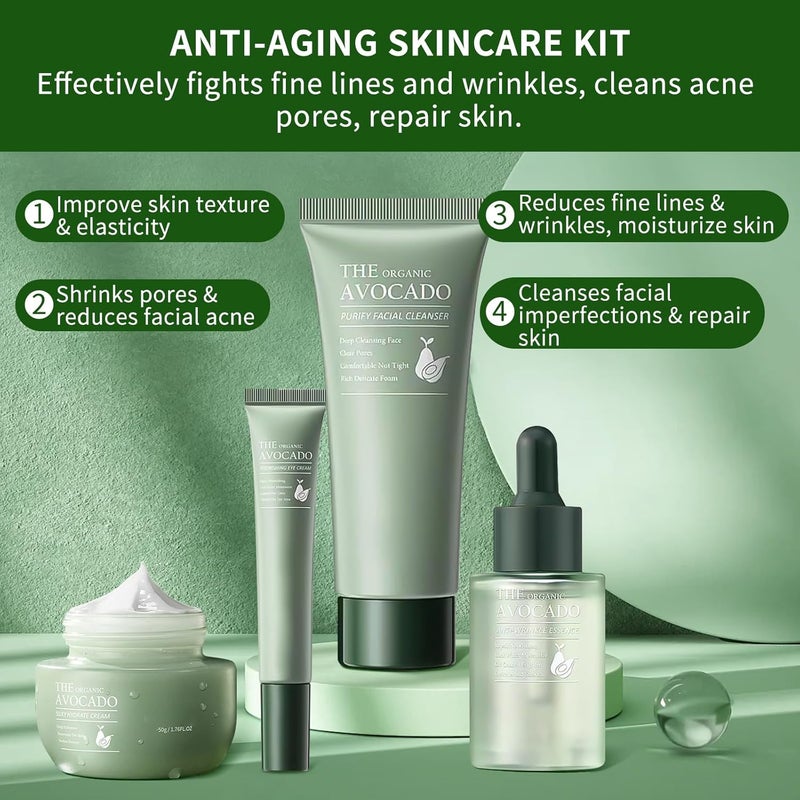 mopayzer Avocado Skin Care Set Skincare Gifts Kits For Hydrating Skin Facial Kit For Women With Facial Cleanser Serum Face Cream Eye Cream Travel Skincare Set4 Pieces - Image 2