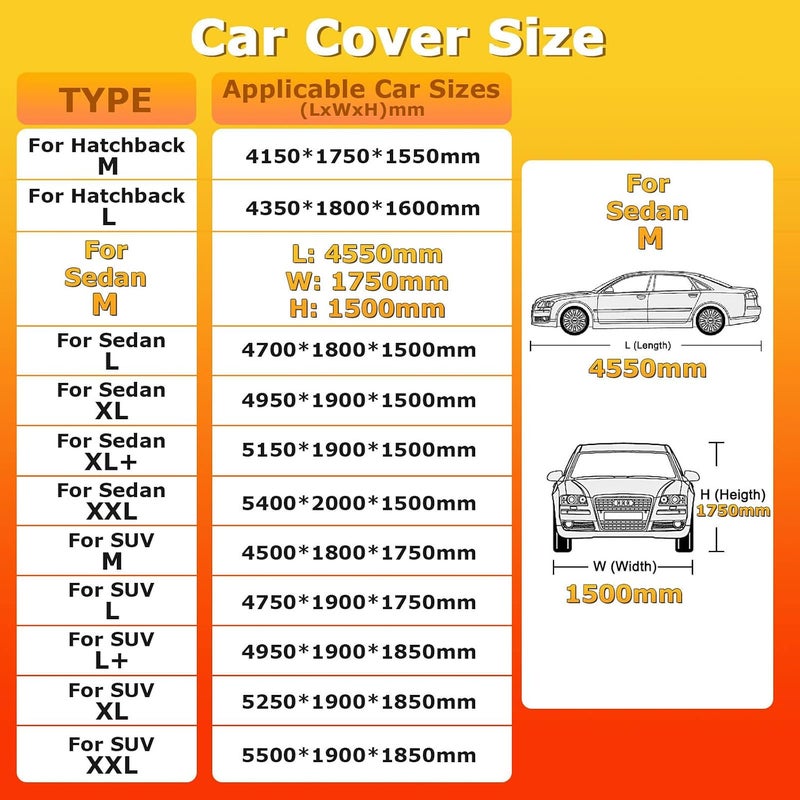 YSOAE Car Cover Waterproof, Hatchback/Sedan/SUV All Weather for Automobiles, Full Exterior Covers with Zipper Cotton, Outdoor Sun Snow Protection Universal (For Sedan M) - Image 3