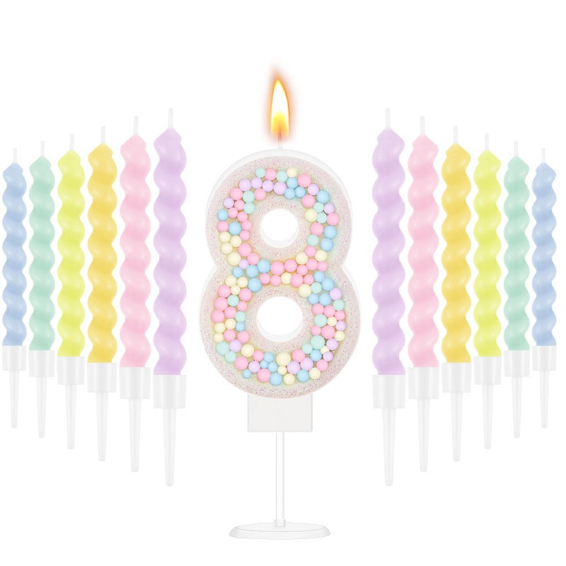 MTLEE Number 8 Birthday Candle with 12 Pcs Spiral Candles for Girls Macaron Pastel Rainbow Unicorn Pink Cake Topper for Sweet Theme Party Decoration